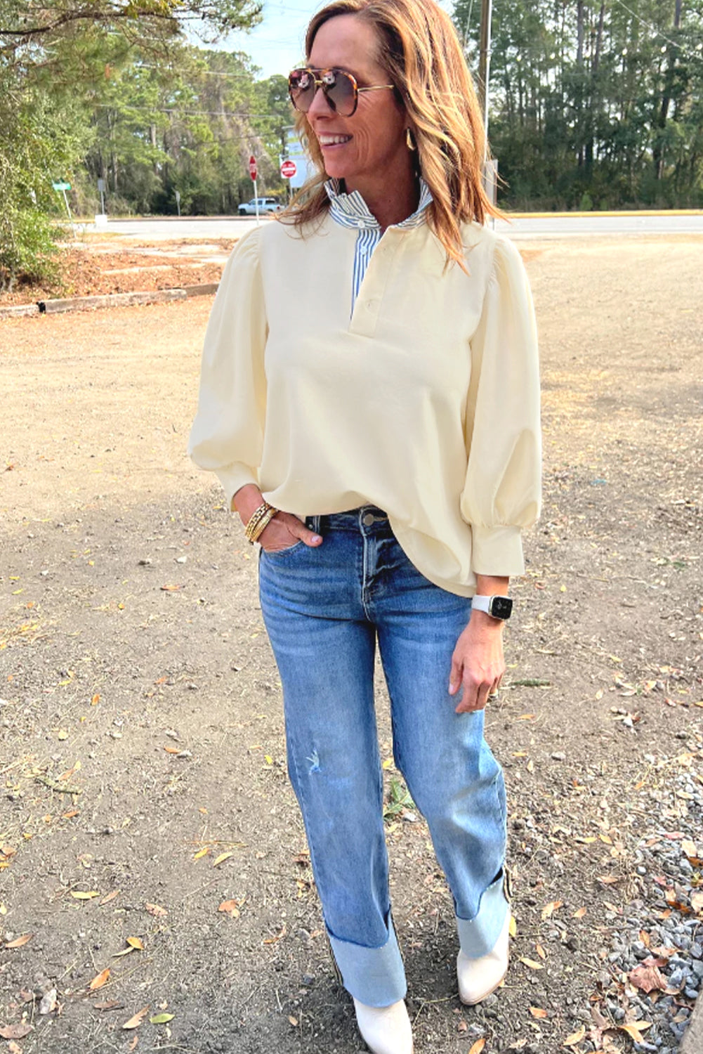 White Striped Ruffle Button Neck Pullover Sweatshirt