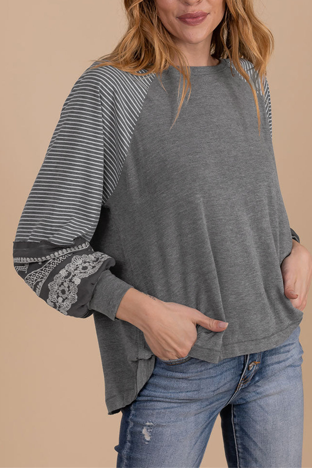Brown Contrast Print Striped Raglan Long Sleeve Loose Top