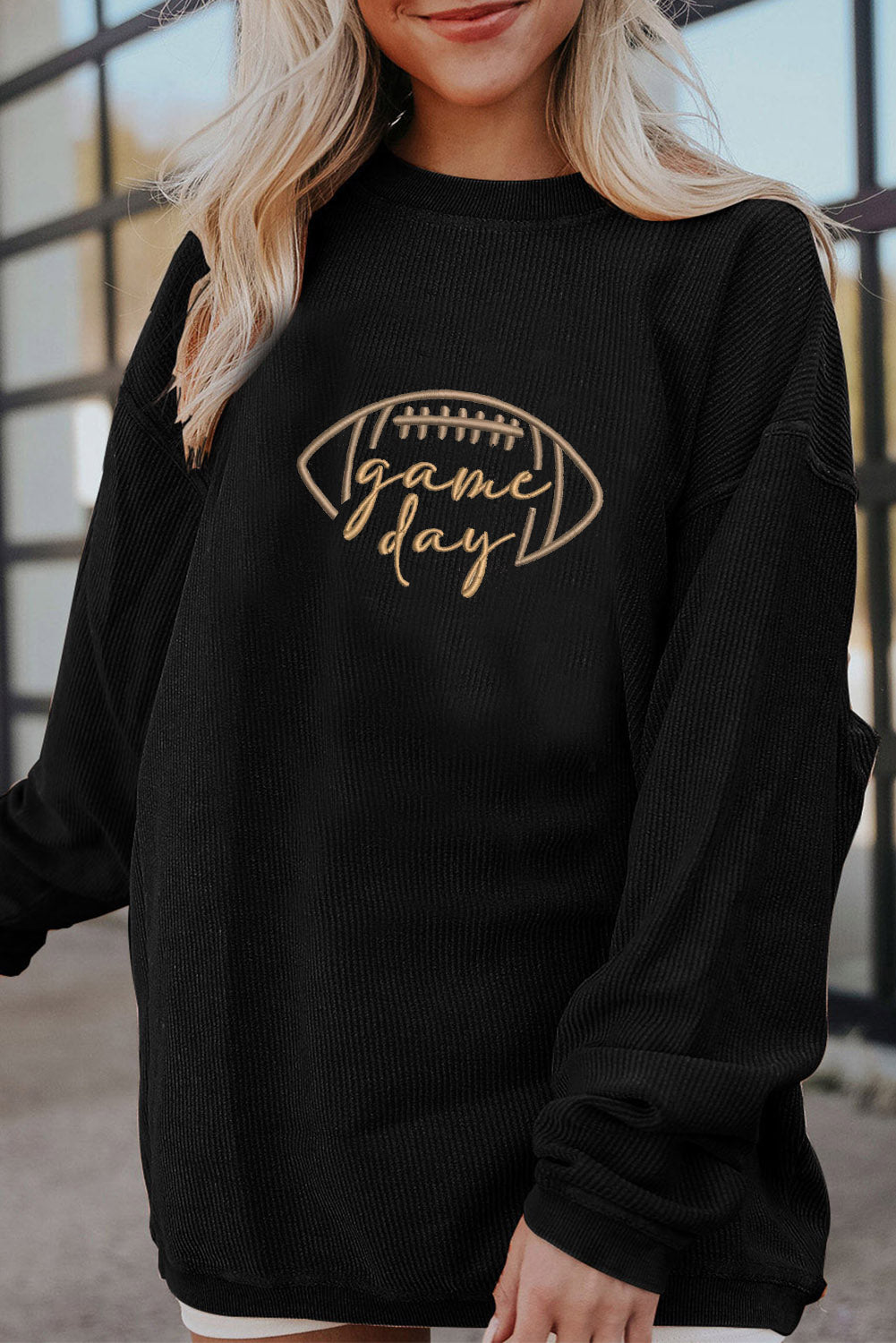 Dark Blue Football Graphic Drop Shoulder Game Day Corded Sweatshirt