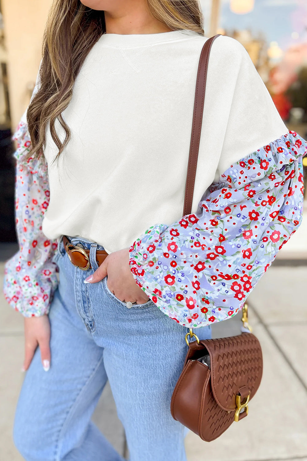 White Floral Ruffle Balloon Sleeve Patchwork Loose Blouse