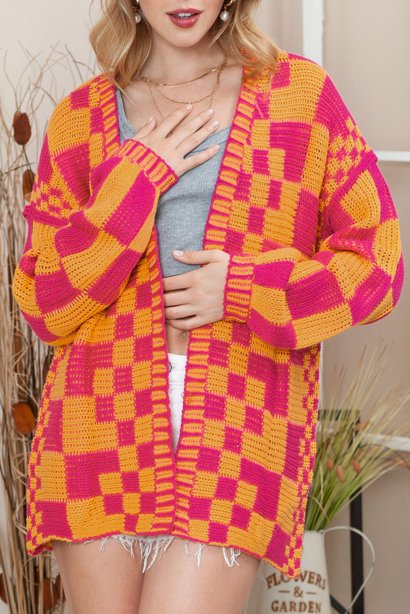 Rose Red Colorblock Checked Open Front Knitted Cardigan