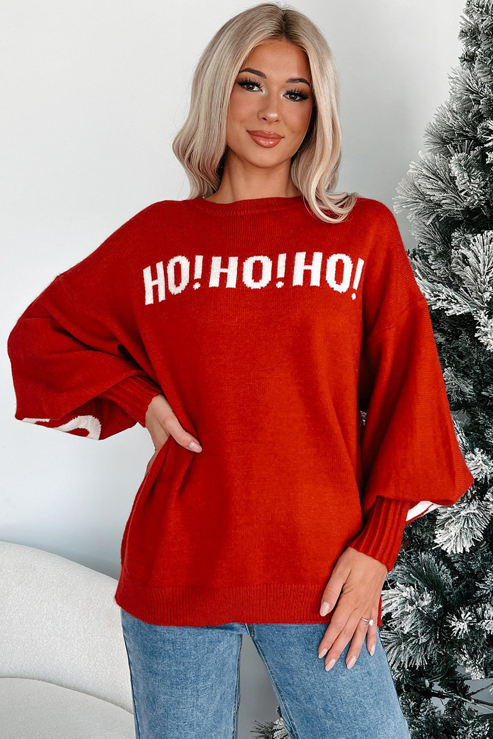 Red MERRY CHRISTMAS HO HO HO Drop Shoulder Loose Sweater