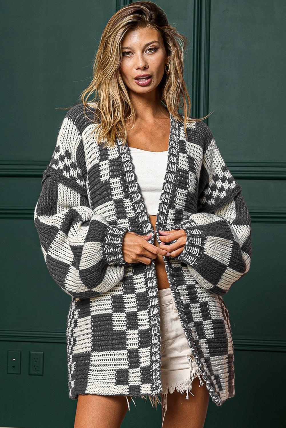 Smoke Gray Colorblock Checked Open Front Knitted Cardigan