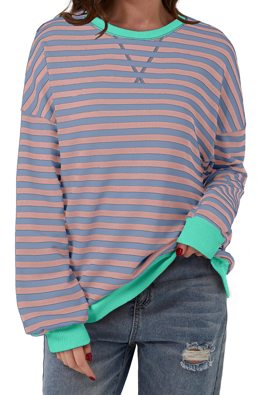 Sky Blue Striped Contrast Trim Drop Shoulder Sweatshirt