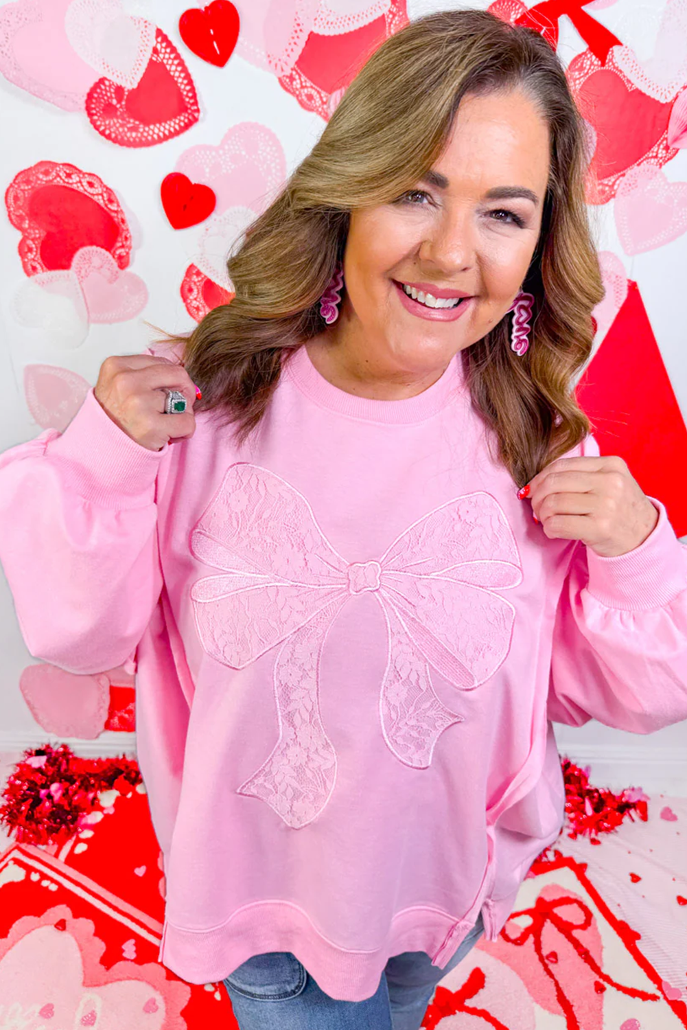 Pink Lace Bow Embroidered Dolman Sleeve Plus Size Sweatshirt