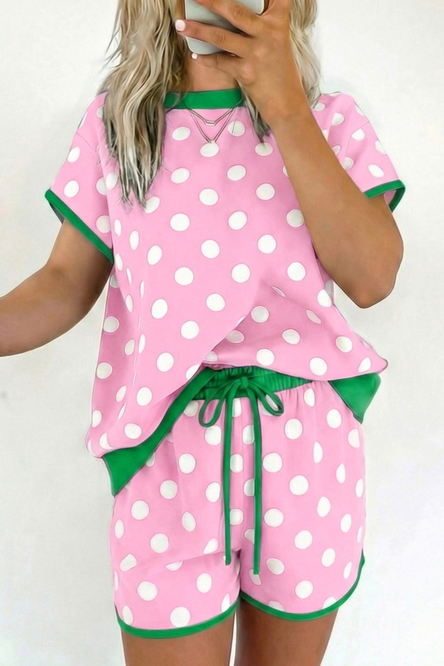 Sky Blue Polka Dot Contrast Edge Casual Short Set