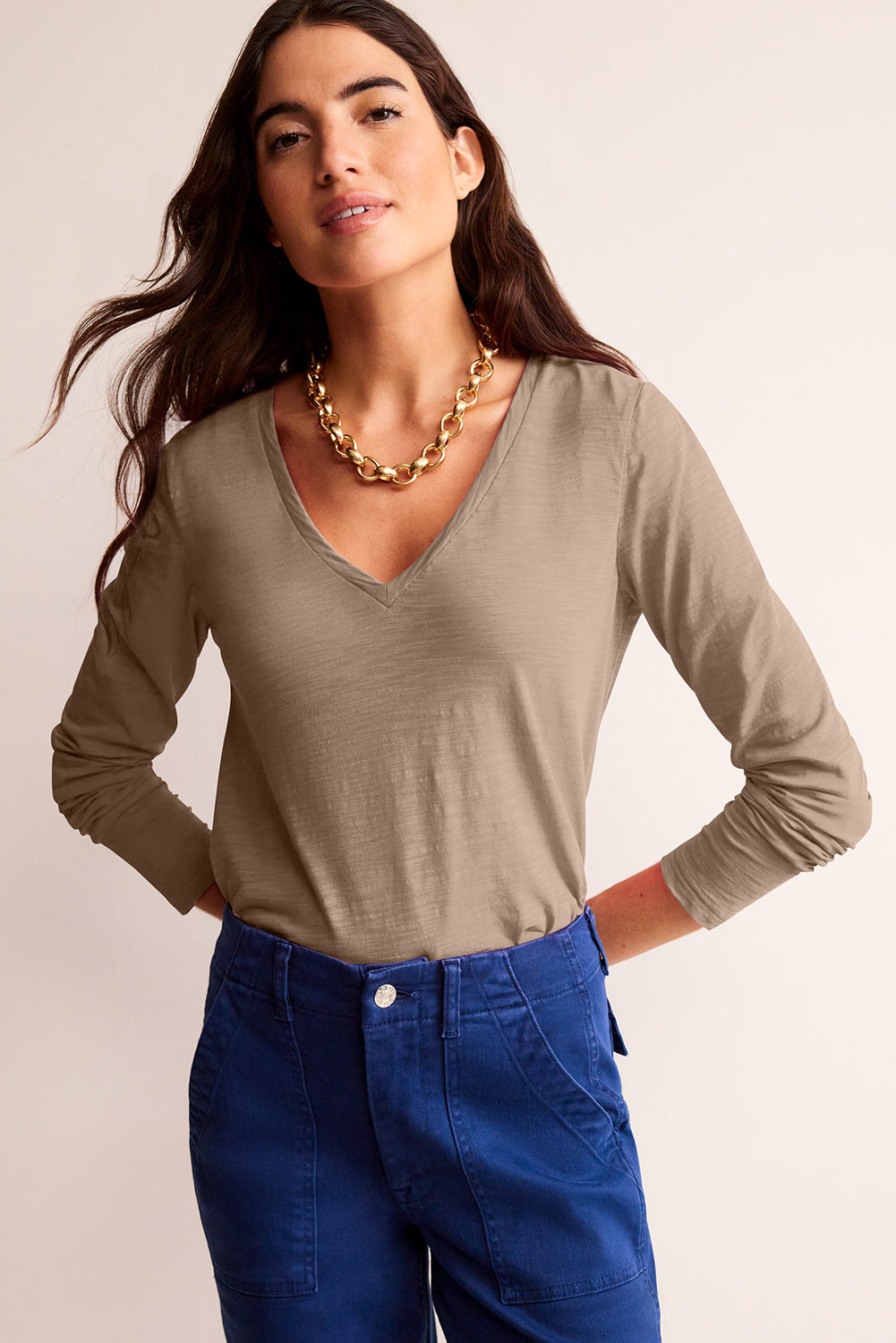 White Plain V Neck Long Sleeve Top