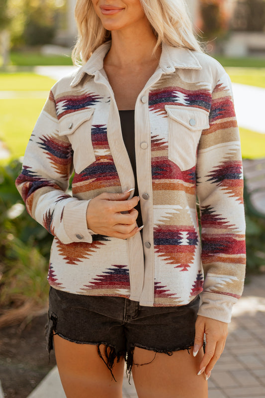 Western Aztec Ribbed Patchwork Double Flap Pocket Raw Hem Shacket
