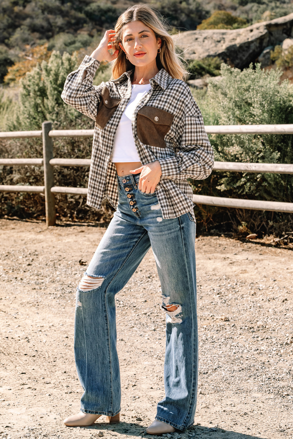 Corduroy Flap Pocket Patchwork Plaid Shacket