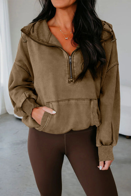 Elmwood Half Zip Kangaroo Pocket Mineral Wash Baggy Hoodie