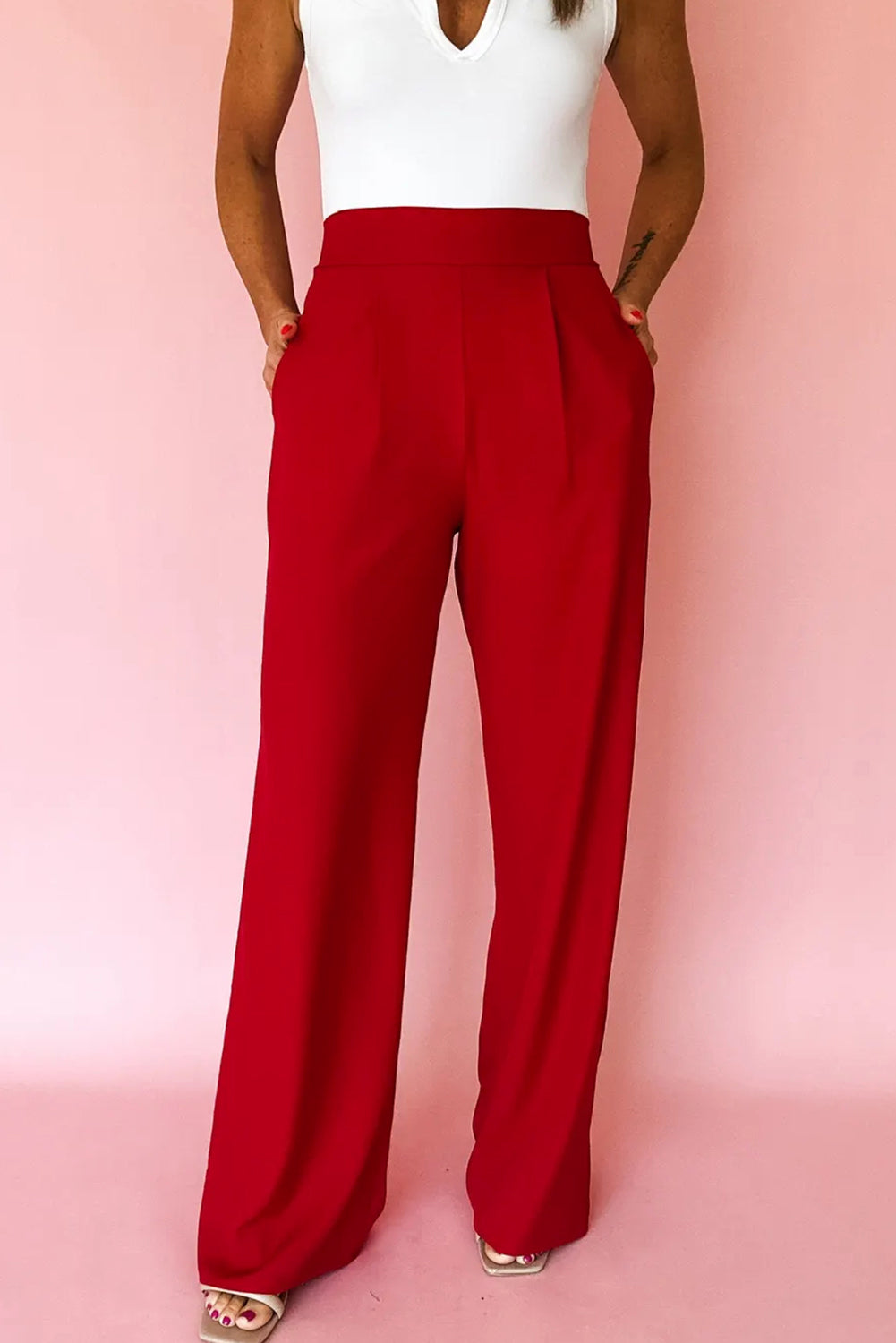 Fiery Red Pleated Detail Pull On Pants