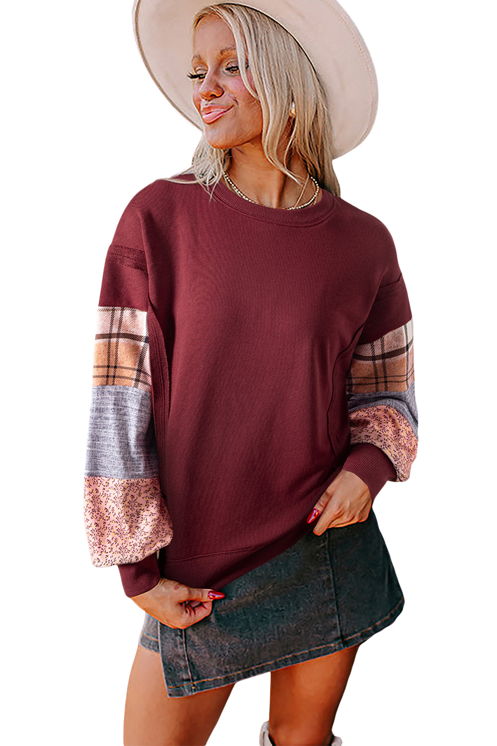 Red Sandalwood Plaid Patchwork Sleeve Raw Seam Sweatshirt