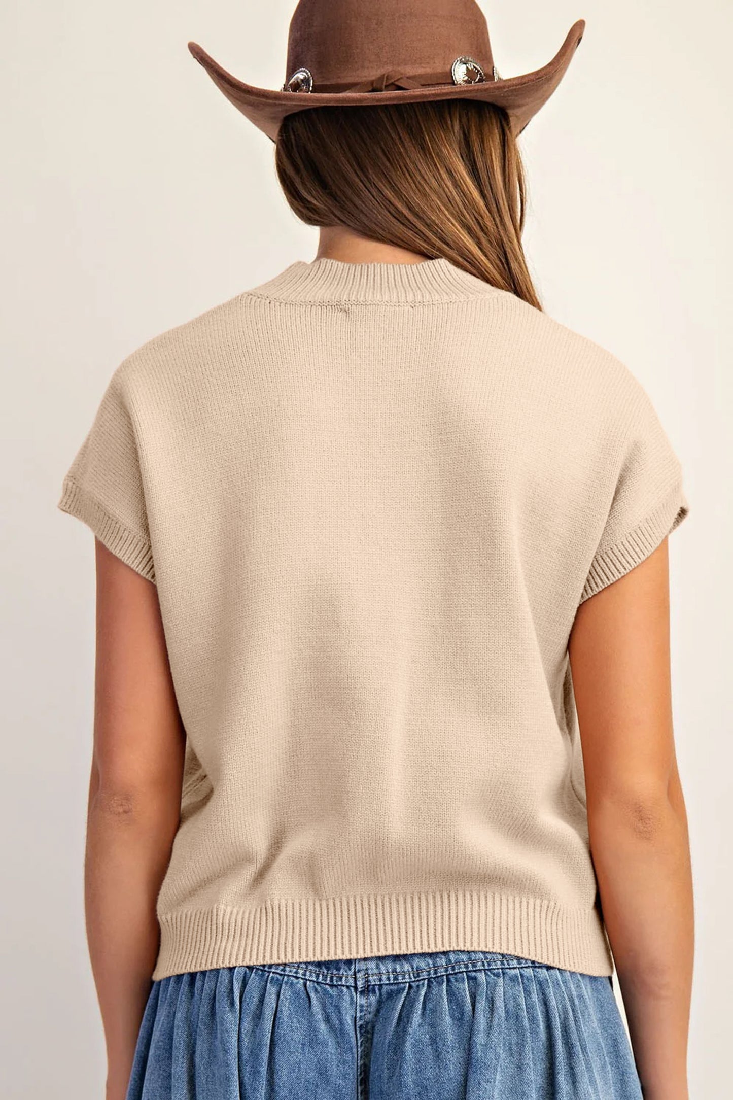 Bright Corded Horseshoes Ribbed Trim Mock Neck Short Sleeve Sweater