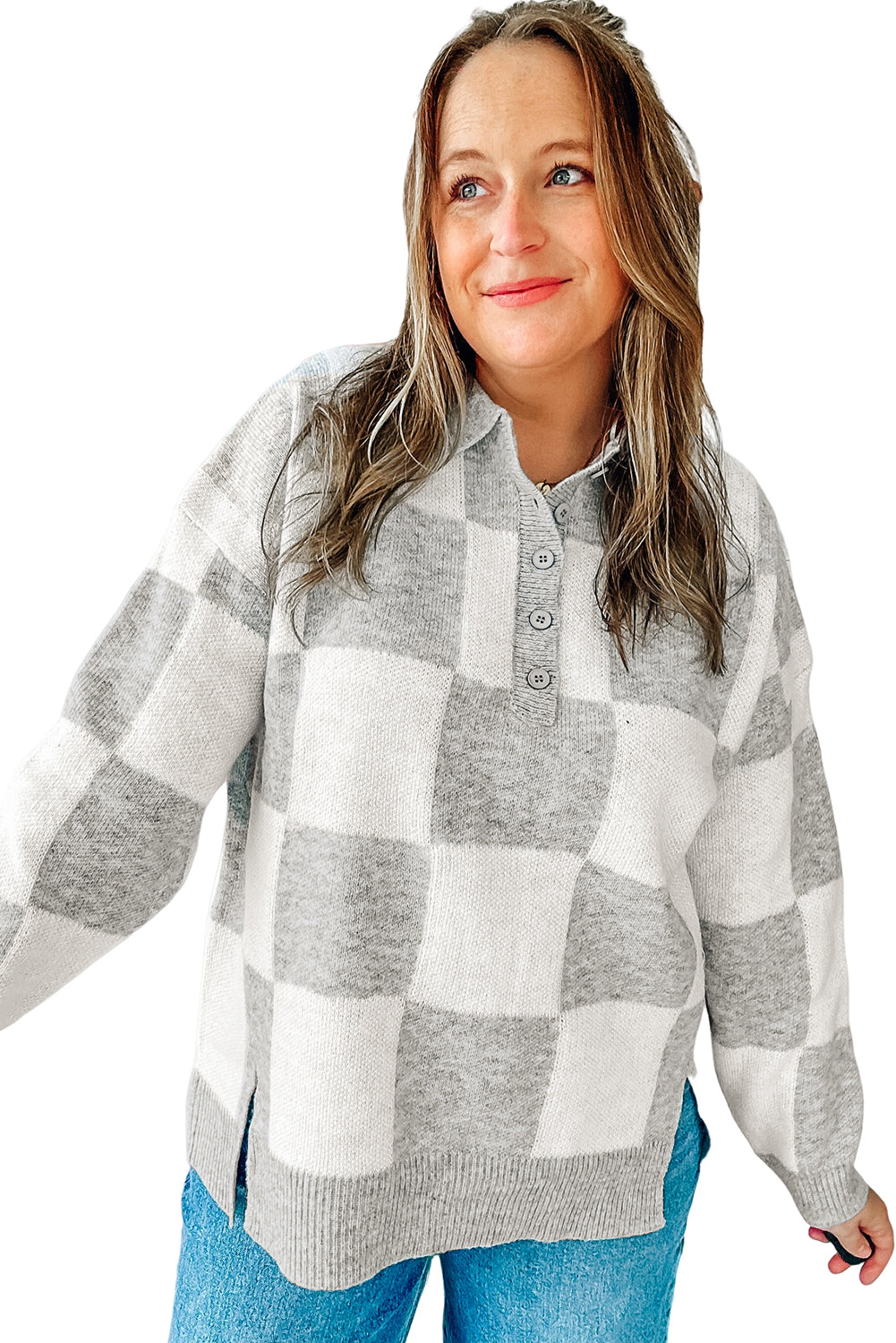 Gray Plus Size Checkered Pattern Button Polo Collar Split Sweater