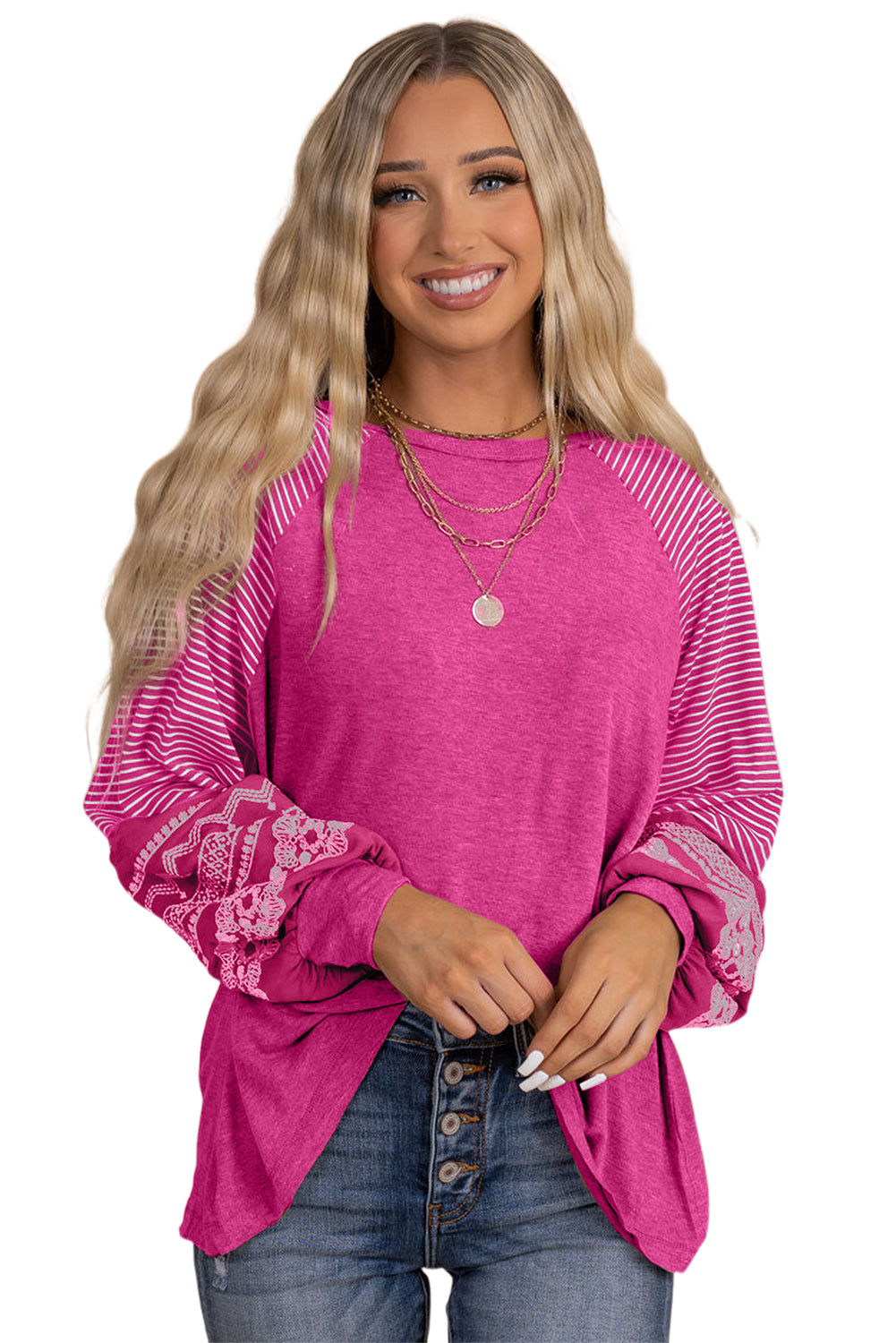 Brown Contrast Print Striped Raglan Long Sleeve Loose Top