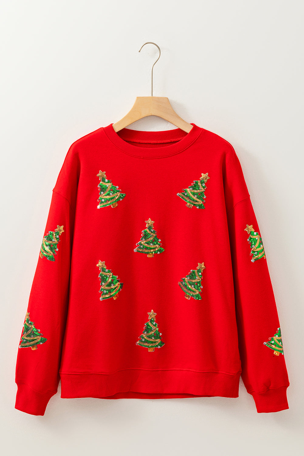 Red Sequin Christmas Tree Graphic Patch Application Drop Shoulder Sweatshirt