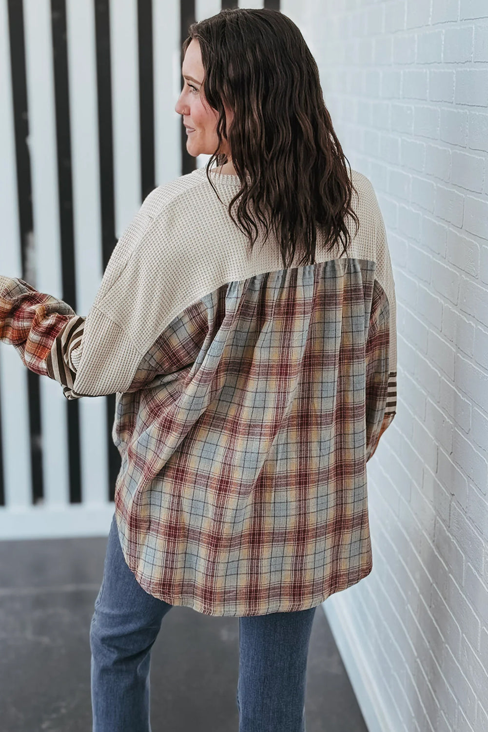 Parchment Plus Size Waffle Striped Plaid Patchwork Henley Pullover