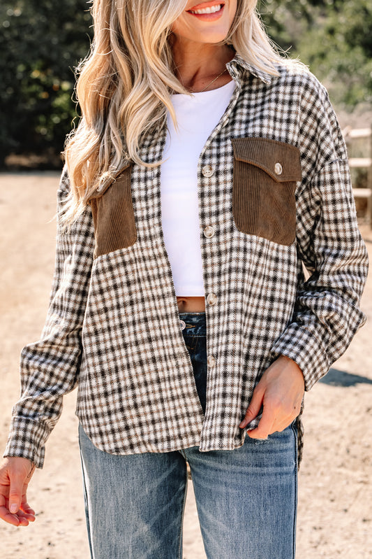 Corduroy Flap Pocket Patchwork Plaid Shacket