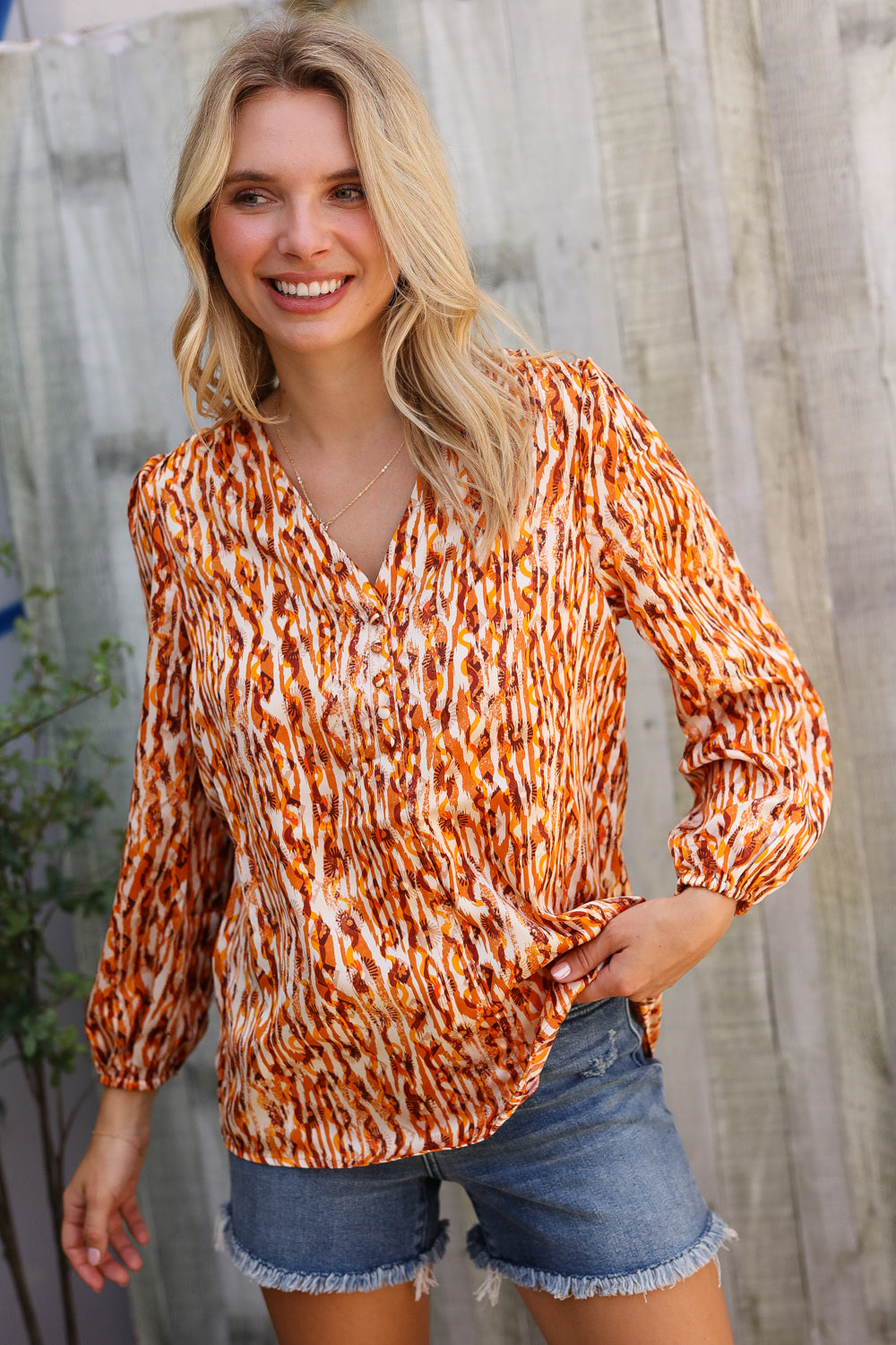 Perfectly You Rust Satin Button-Down V Neck Elastic Sleeve Blouse